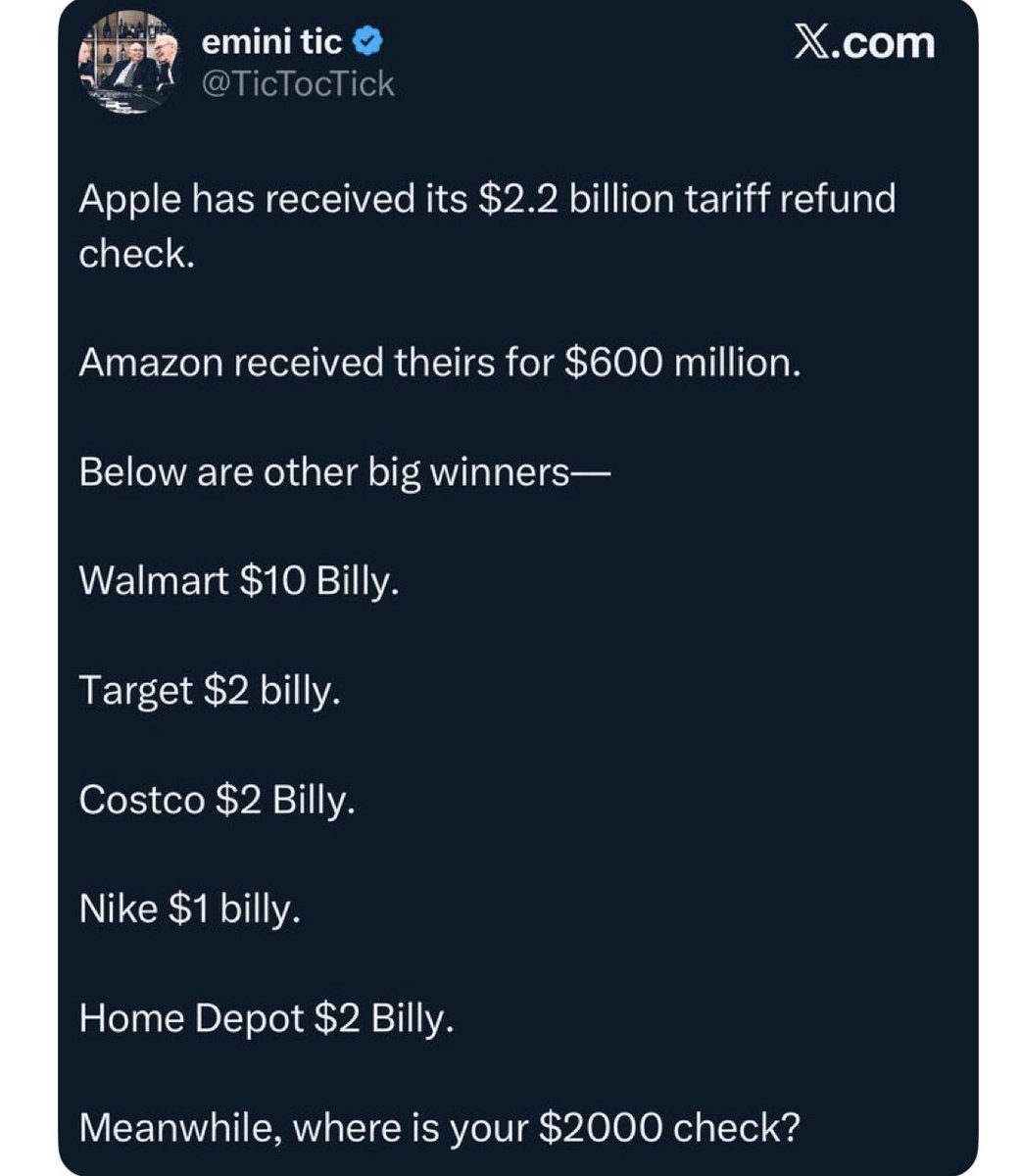 marlene4719's tweet photo. Here is the list for tariff refunds and it doesn’t include you, the taxpayer, who paid the tariffs.  

This is what a government run by oligarchs looks like. https://t.co/EqtYIyFTeE