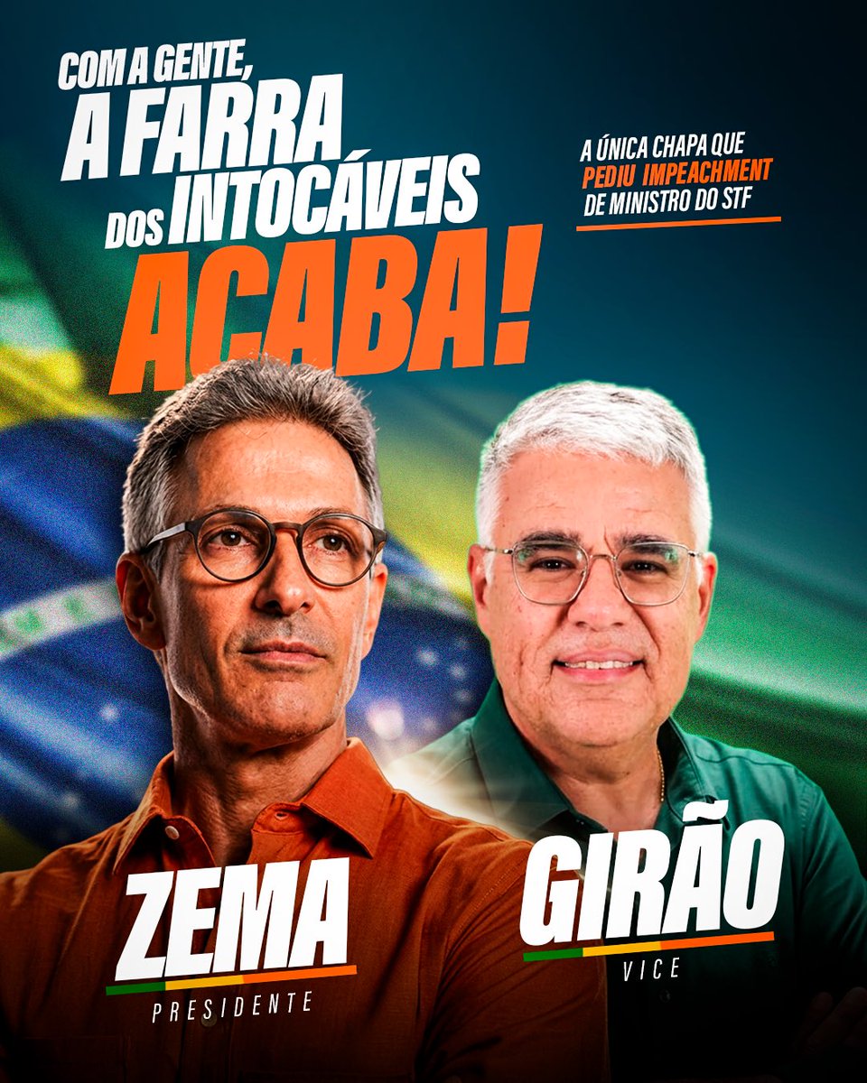 RomeuZema's tweet photo. CHEGA DE INTOCÁVEIS. A ÚNICA CHAPA À PRESIDÊNCIA 100% CONTRA OS INTOCÁVEIS DE BRASÍLIA. UMA HONRA CAMINHAR AO SEU LADO, @EduGiraoOficial 🇧🇷🙌 https://t.co/V3jS9WSaM8