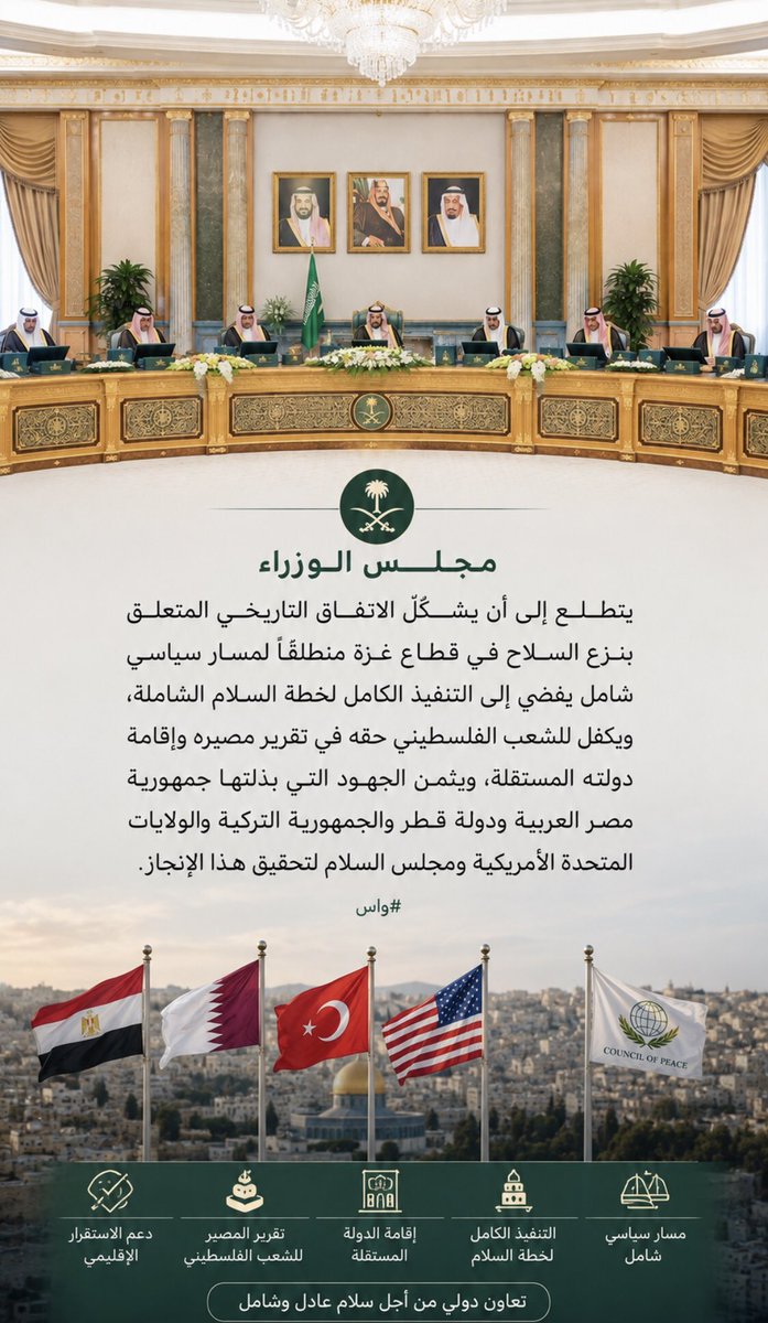 HRHMBNSALMAAN's tweet photo. #مجلس_الوزراء يتطلع إلى أن يشكّل الاتفاق التاريخي المتعلق بنزع السلاح في قطاع غزة منطلقًا لمسار سياسي شامل يفضي إلى التنفيذ الكامل لخطة السلام الشاملة، ويكفل للشعب الفلسطيني حقه في تقرير مصيره وإقامة دولته المستقلة، ويثمن الجهود التي بذلتها جمهورية مصر العربية ودولة قطر والجمهورية التركية والولايات المتحدة الأمريكية ومجلس السلام لتحقيق هذا الإنجاز.