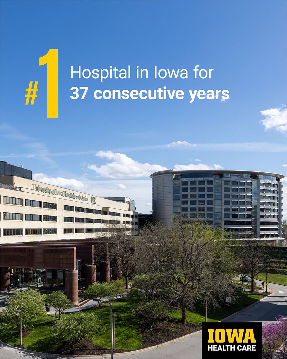 uihealthcare's tweet photo. For the 37th consecutive year, University of Iowa Health Care Medical Center has been named No. 1 in Iowa by U.S. News & World Report in its 2026-27 Best Hospitals (Adult) rankings! Thank you to our incredible faculty and staff, whose dedication makes this recognition possible. https://t.co/NSPq65eEl7