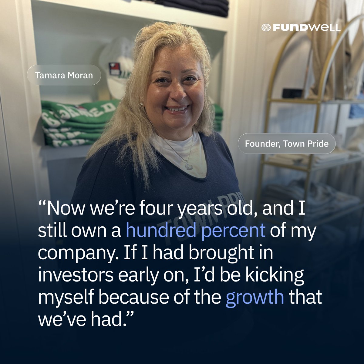 fundwell's tweet photo. Tamara Moran started Town Pride four years ago. She still owns 100% of it.

Growth usually gets framed as two options. Take on an investor, or wait until you can self-fund. There's a third. Borrowing is priced on what your business already earns, so you can fund expansion and keep full ownership.

Learn more at https://t.co/PLDDqhBe3I

#fundwell #smb #smallbusinessloans