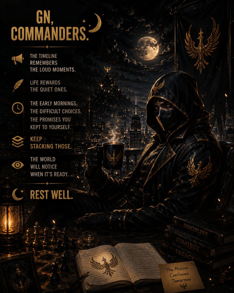 GeneralFoenix's tweet photo. GN, Commanders. 🌙
The timeline remembers the loud moments.
Life rewards the quiet ones.
The early mornings. The difficult choices. The promises you kept to yourself.
Keep stacking those.
The world will notice when it's ready.
Rest well. https://t.co/tt3jkGJ6XT