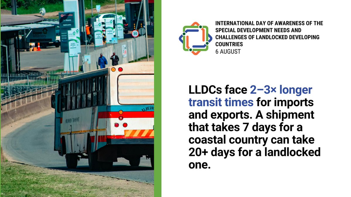 UNOHRLLS's tweet photo. Being landlocked is more than a geographic fact; it brings many challenges, especially countries still on their development journey. Landlocked Developing Countries (LLDCs) face obstacles linked to distance from ports, complex transit systems, and increased trade costs.

The upcoming #LLDC Day reaffirms the importance of cooperation, connectivity and investment to help unlock their full potential.

➡️Learn more about it here: https://t.co/Pg26aK1BdN