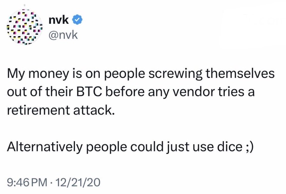 HodlMagoo's tweet photo. So did people screw themselves out of their Bitcoin because they didn’t roll dice or was this a vendor retirement attack? https://t.co/xKaSfgbFpd