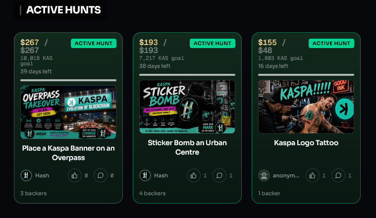 KaspaCrypto's tweet photo. Btw there are 3 active hunts on https://t.co/BqmMEHBqOL. As far as I get it, anyone can fulfill the conditions specified in any of them, upload the required information materials regarding the execution to the specified hosting, after which the AI arbiter will analyze them and you will receive your reward, provided everything is done correctly. Correct me if I'm wrong; don't miss the chance otherwise!