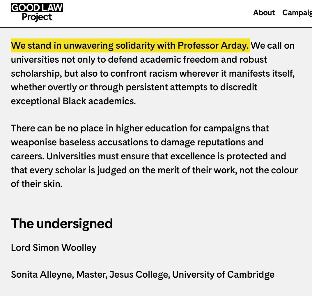 jonatanpallesen's tweet photo. This is the most important aspect: Jason Arday committed scientific fraud. He must go.

And so must the leaders at Cambridge who support him after it is revealed that he has committed fraud.

This includes among others Sonita Alleyne, the Master of the college at U. of Cambridge in which Jason Arday is employed. She stands in "unwavering solidarity" of Jason Arday.

We obviously cannot accept a situation in which members of the leadership of a university stand in unwavering solidarity with academics who commit scientific fraud. 

One can hope that eventually even the media will pick up on this, and start seeing more of the picture.