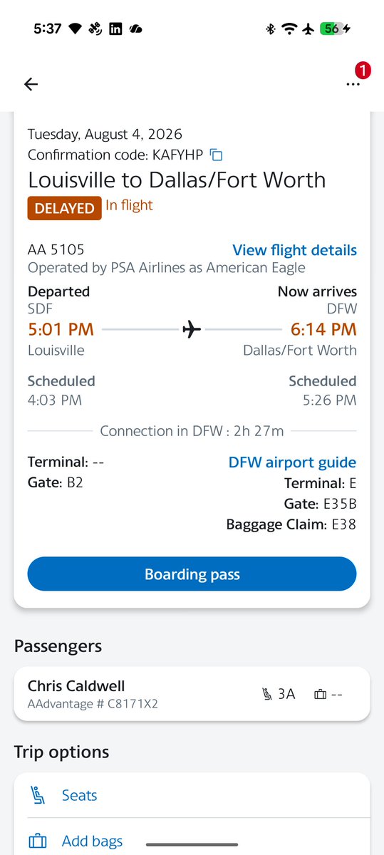 ChrisMCaldwell's tweet photo. @AmericanAir delay number 27 for the year.   I'll be missing my connection in Dallas this evening.  No pilots initially and no explanation of the further delay once they located pilots.  A little communication goes a long way. https://t.co/pQoxH0cmDu