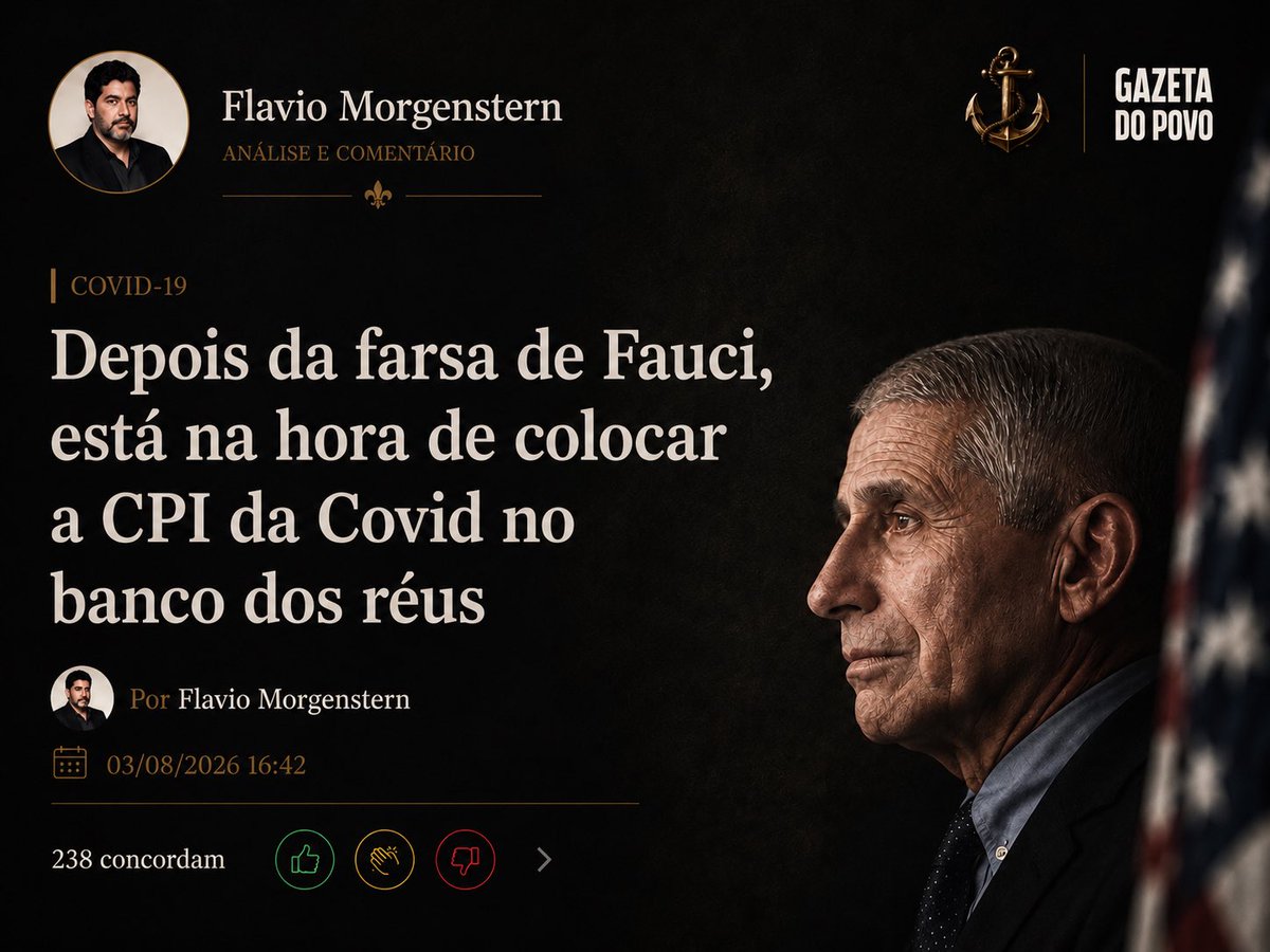 sensoinc's tweet photo. O imunologista Anthony Fauci, responsável pelas medidas tirânicas que criaram o primeiro ensaio de uma ditadura global no planeta em 2020, testemunhou diante do Congresso americano nessa semana. O homem que sempre dizia que falava “representando a ciência”, e que qualquer crítica às suas ilações pessoais era “anticientífica” e “desinformação” (dois termos que ficaram na moda naqueles anos de imbecilidade coletiva global), preconizando um totalitarismo de escala planetária com imposições arbitrárias como uso de máscaras, distanciamento social, vacinação experimental forçada e lockdowns, respondeu a mais de cem perguntas repetindo as palavras:

“Por orientação de meus advogados, recuso-me respeitosamente a responder, com base nos direitos que me são assegurados pela Quinta Emenda à Constituição.”

(...)

Fauci mentiu sobre as origens do vírus, que o mundo inteiro já presumia que só podia ter sido criado em laboratório (por quem? Com qual objetivo? Quem vai ser punido?), dizendo que tais desconfianças eram “teorias da conspiração” (um termo inventado pela própria CIA para acobertar suas falcatruas, diz-se).

(...)

Quantos foram punidos por isso no Brasil?

Basta se lembrar de um dos capítulos mais autoritários da história brasileira, aquele da CPI da Covid. Começou com a quebra de sigilo mais tirânica da história brasileira, proposta por Alessandro Vieira (que, repentinamente, parece ter se tornado herói da direita para alguns) contra Filipe Martins. Exigiram-se todas as suas conversas privadas e particulares em todas as suas redes sociais, todos os seus e-mails (com ordem para não trocar a ordem das pastas), todas as suas fotos privadas, cópia integral do iCloud, cópia de todos os apps e documentos em todos os meios eletrônicos, histórico de buscas no Google, histórico de geolocalizações, históricos médicos, bancários… enfim, sua vida inteira.

Alessandro Vieira argumentou que precisava de tudo isso para saber o que Filipe havia conversado em uma reunião com a Pfizer. Mas nem se deu ao trabalho de convidá-lo, ou mesmo convocá-lo, para explicar.

Continue lendo o artigo de Flavio Morgenstern na @gazetadopovo. Link abaixo 👇
