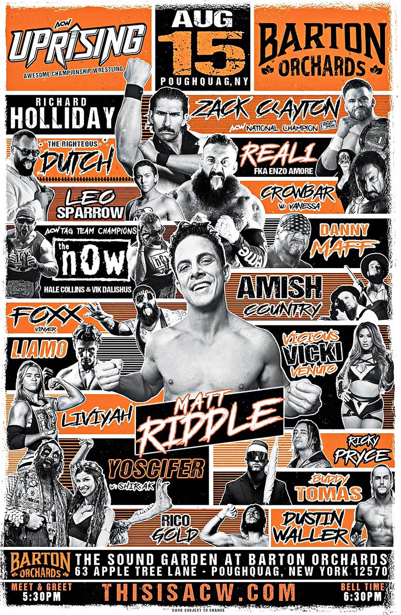 AmishCountryPro's tweet photo. Amish Country &amp; Betsey The Chicken
goes to 𝐍𝐄𝐖 𝐘𝐎𝐑𝐊! 🗽

•Saturday• 
￼August 15, 2026
Awesome Championship Wrestling
📍: Poughquag, NY
Featuring: @SuperKingofBros Matt Riddle, @real1 Enzo Amore, &amp; many more!

•Sunday•
August 16, 2026
K &amp; S WrestleFest
📍: Lynbrook, NY https://t.co/ngBardVmqD