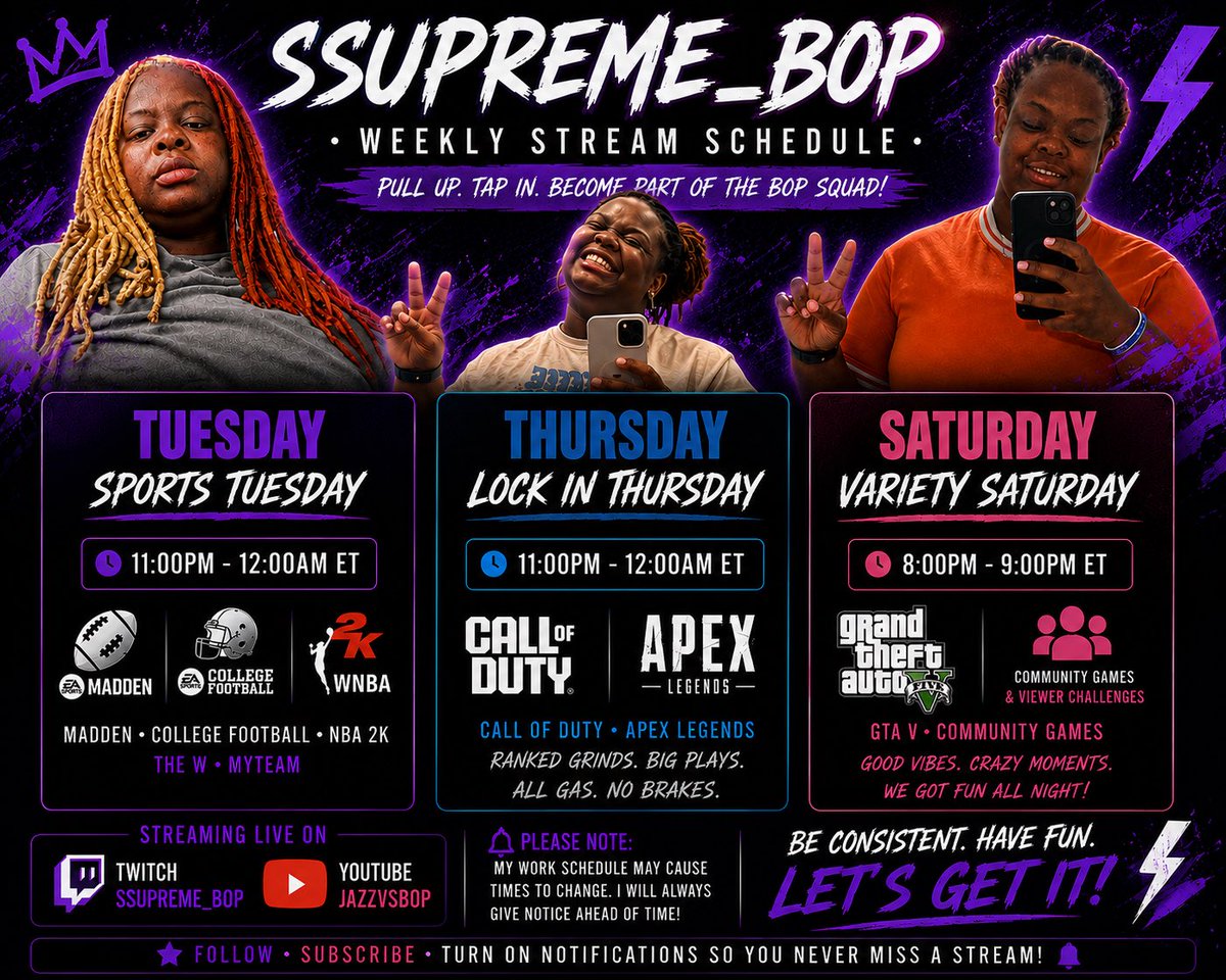 JazzVSBop's tweet photo. 🚨 WE'RE BACK! 🚨
It's official—I've got a new stream schedule! 🎉
Catch me LIVE every: 🏈 Tuesday – Sports Tuesday (11:00 PM–12:00 AM ET) 🎯 Thursday – Lock In Thursday (11:00 PM–12:00 AM ET) 🎉 Saturday – Variety Saturday (8:00–9:00 PM ET) https://t.co/5NweSlXgEE