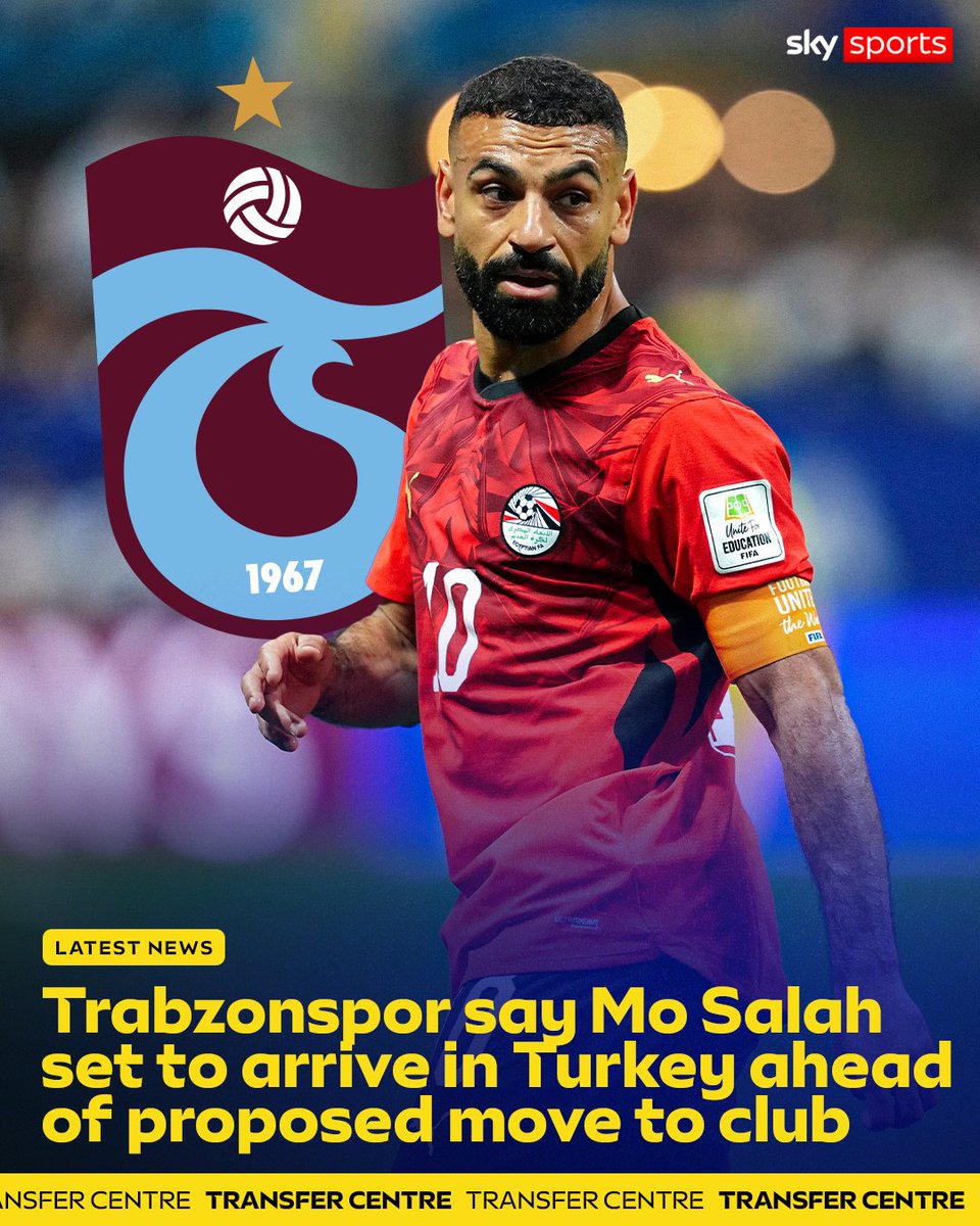 SkySportsNews's tweet photo. Trabzonspor say Mohamed Salah is set to arrive in Turkey tomorrow ahead of his proposed move to the club 🖊️

The forward is a free agent after leaving Liverpool earlier this summer. https://t.co/5uKxvJPMZY
