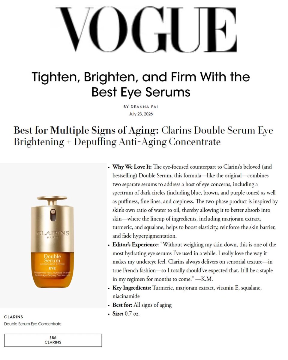clarinsusa's tweet photo. One iconic formula. One major recognition. 💛 Thank you, @vogue , for naming Double Serum Eye Best for Multiple Signs of Aging https://t.co/ExQkMXJJfD