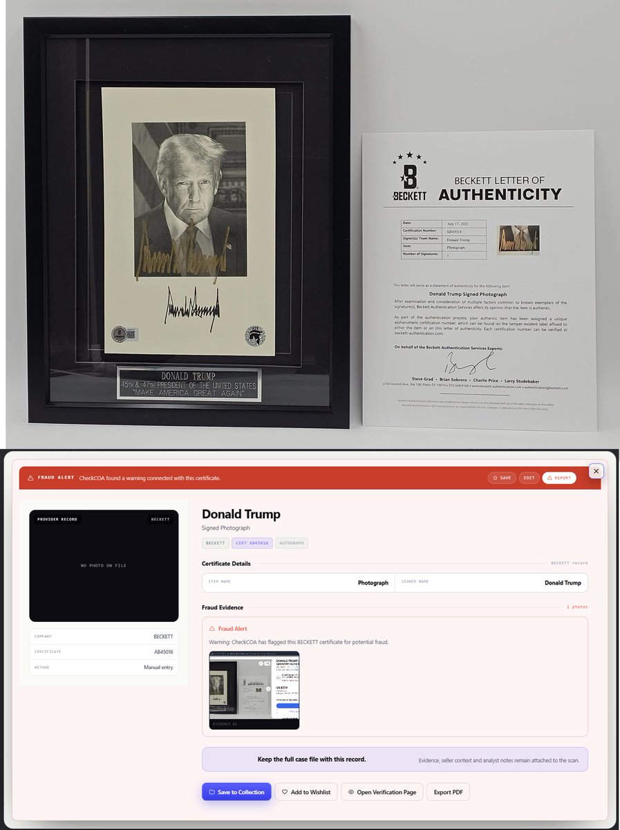 renoipgp's tweet photo. One month ago, I reported fake autographs being sold through QuickConsign using fake Beckett LOAs, counterfeit Beckett stickers, and misused certificate numbers.

I checked the store again today. Around 10 fake autograph listings are still active, and more than 20 have sold over the past month for an estimated $25,000. One fake Shohei Ohtani item alone sold for $3,150.

QuickConsign has 2.9 million items sold and nearly 58,000 followers. Buyers trust that reputation, and scammers are exploiting it to steal thousands of dollars from collectors every single day.

A month later, I still see no meaningful action from @eBay, @beckettcollect, or QuickConsign. 
I have now contacted QuickConsign via their website and asked them to remove the affected listings and investigate the consignors responsible for them.

America really is the land of opportunity. Apparently, you can forge documents bearing the name of a major U.S. authentication company, fake the signature of the sitting U.S. president @realDonaldTrump, ignore marketplace rules, and sell it all through one of eBay's largest consignment accounts.

Meanwhile, social media is obsessed with a story about an old man and a kid caught on camera stealing a trading card worth a few thousand dollars at the National Sports Card Show.
 Yet almost nobody seems to care that scammers are taking far more money from collectors every single day through fake memorabilia sold on major marketplaces.

Seller listings:
 https://t.co/riT4HtAgVf