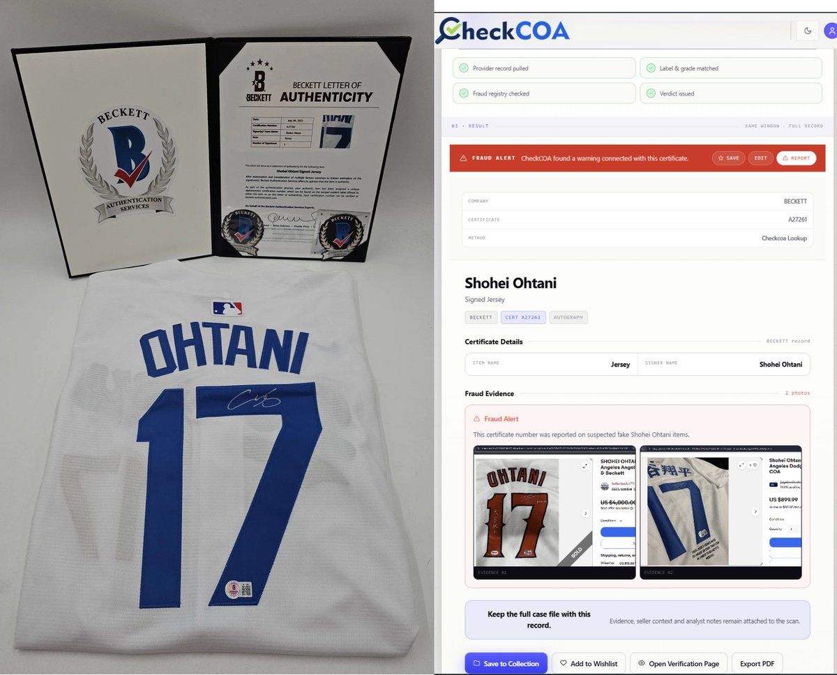renoipgp's tweet photo. One month ago, I reported fake autographs being sold through QuickConsign using fake Beckett LOAs, counterfeit Beckett stickers, and misused certificate numbers.

I checked the store again today. Around 10 fake autograph listings are still active, and more than 20 have sold over the past month for an estimated $25,000. One fake Shohei Ohtani item alone sold for $3,150.

QuickConsign has 2.9 million items sold and nearly 58,000 followers. Buyers trust that reputation, and scammers are exploiting it to steal thousands of dollars from collectors every single day.

A month later, I still see no meaningful action from @eBay, @beckettcollect, or QuickConsign. 
I have now contacted QuickConsign via their website and asked them to remove the affected listings and investigate the consignors responsible for them.

America really is the land of opportunity. Apparently, you can forge documents bearing the name of a major U.S. authentication company, fake the signature of the sitting U.S. president @realDonaldTrump, ignore marketplace rules, and sell it all through one of eBay's largest consignment accounts.

Meanwhile, social media is obsessed with a story about an old man and a kid caught on camera stealing a trading card worth a few thousand dollars at the National Sports Card Show.
 Yet almost nobody seems to care that scammers are taking far more money from collectors every single day through fake memorabilia sold on major marketplaces.

Seller listings:
 https://t.co/riT4HtAgVf