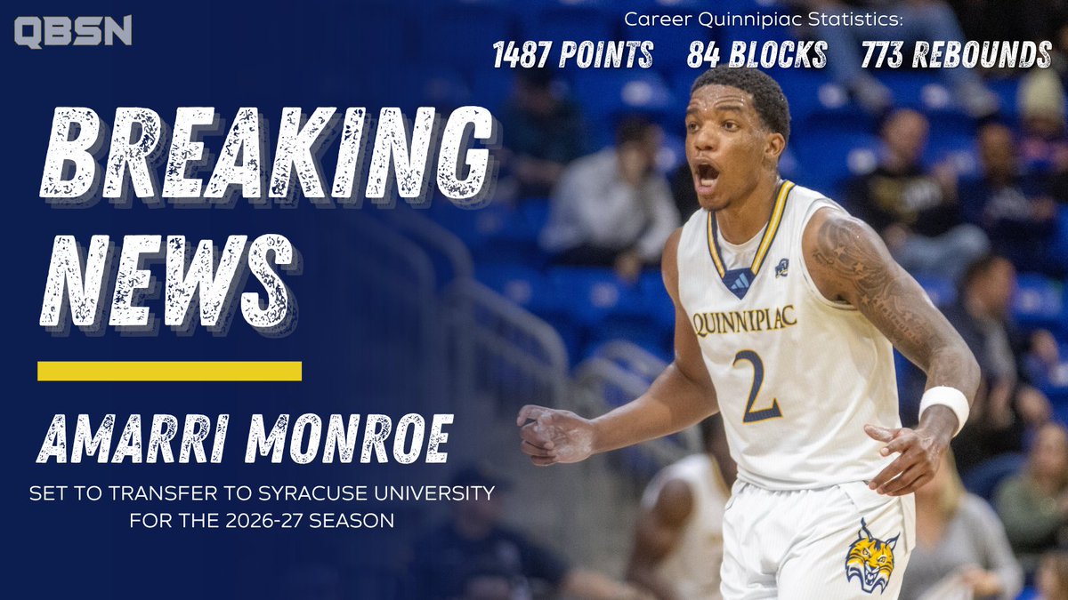QBSN's tweet photo. MBB: Former @QU_MBB forward Amarri Monroe is transferring to Syracuse University after three years in Hamden.  

In his Quinnipiac career, Monroe averaged 15.5 points and 8.1 rebounds per game.  

#NCAAHoops https://t.co/9wxdyg2WIb