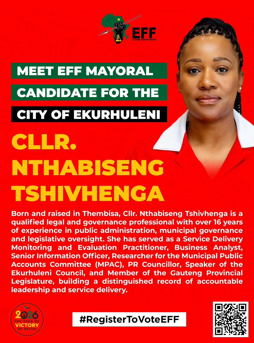 AndiswaMadikazi's tweet photo. MEET EFF MAYORAL CANDIDATE FOR THE CITY OF EKURHULENI CLLR. NTHABISENG TSHIVHENGA

#RegisterToVoteEFF https://t.co/vx9VlFuXQ5