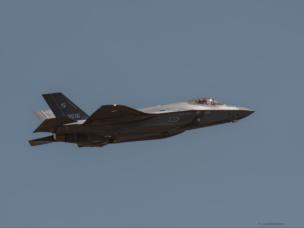 LoneStarCreativ's tweet photo. Polish Air Force F-35A Husarz 3516 on a LM test flight over Fort Worth. If I’m correct, I think this is the last one to come out of the U.S. https://t.co/d1v4cR8sZ2
