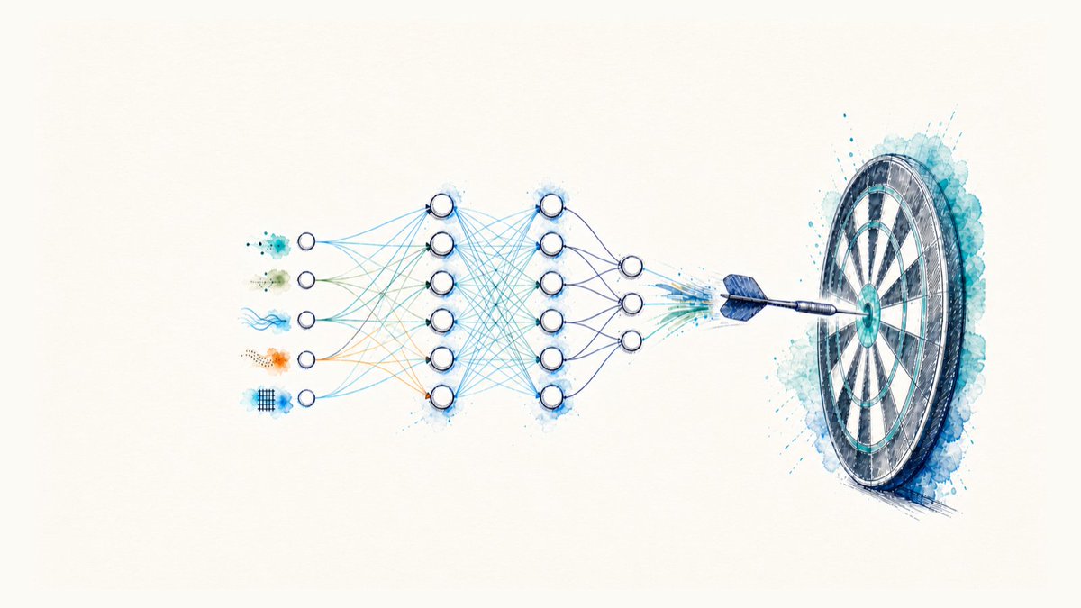 CrisPierry's tweet photo. Most neural-network explanations start with the network. Learning to Aim starts with one fixed dart throw, then changes the target, wind, and distance so the network has to earn its place in the lesson.

https://t.co/G3PlcVE4mU https://t.co/r2BKwb4tik