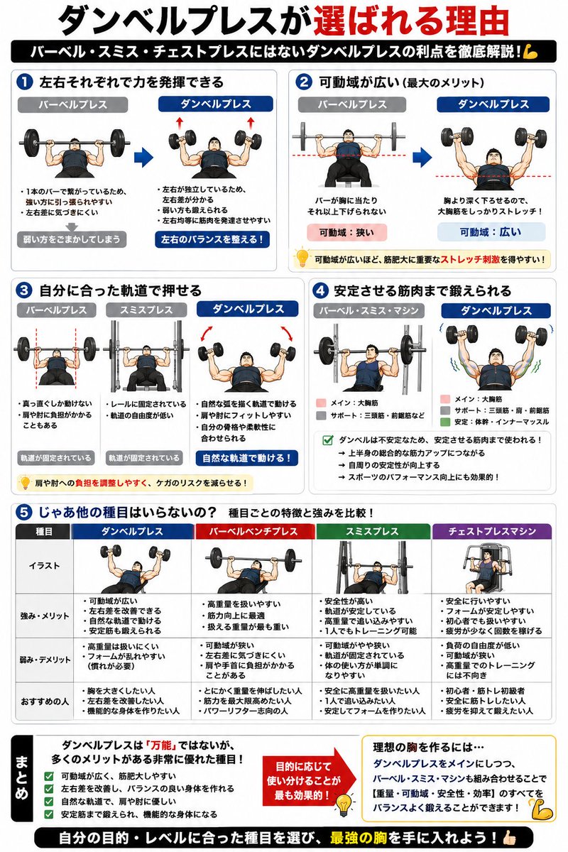 kazuki_liftlife's tweet photo. 胸トレ、なぜダンベルプレスが選ばれるのか。

バーベル・スミス・チェストプレスにはない
4つの理由がある。

① 左右それぞれで力を発揮できる
バーベルは強い方に引っ張られて左右差に気づきにくい。
ダンベルは左右独立してるから差がわかり、バランスを整えられる。

② 可動域が広い
バーベルはバーが胸に当たって止まる。
ダンベルは胸より深く下ろせて大胸筋をしっかりストレッチできる。
可動域が広いほど筋肥大に重要なストレッチ刺激を得やすい。

③ 自分に合った軌道で押せる
自然な弧を描く軌道で動けるから
肩や肘への負担を調整しやすくケガのリスクを減らせる。

④ 安定させる筋肉まで鍛えられる
ダンベルは不安定なため体幹・インナーマッスルまで使われる。
上半身の総合的な筋力アップにつながる。

ダンベルプレスは万能ではない。
でも多くのメリットがある非常に優れた種目。

理想の胸を作るために
ダンベルプレスをメインにしつつ
バーベル・スミスと組み合わせるのも選択肢の1つ💪

詳しくは画像で👇

#筋トレ #筋トレ豆知識 #胸トレ #介護士