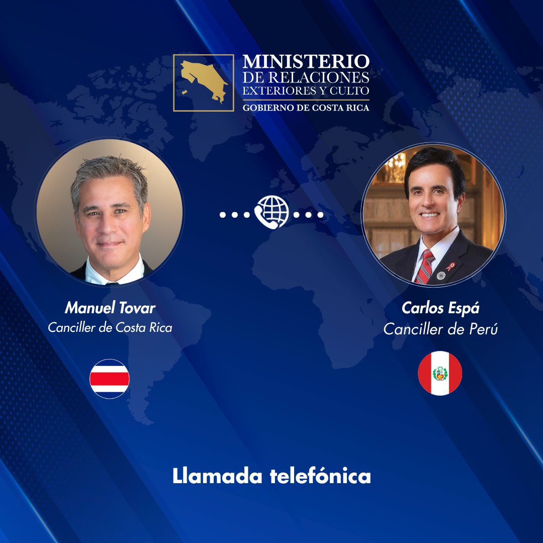 CRcancilleria's tweet photo. El Canciller de Costa Rica, Manuel Tovar, sostuvo conversación con nuevo  Ministro de Relaciones Exteriores del Perú, Carlos Espá. 🇨🇷🤝🇵🇪
Repasaron temas que fortalecen relación bilateral y reafirmaron compromiso de avanzar en iniciativas conjuntas en beneficio de ambos pueblos. https://t.co/fvuFq4OtTH