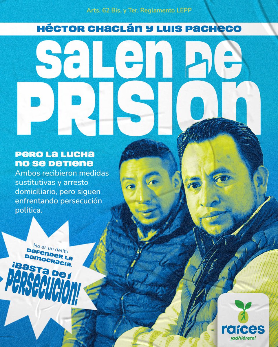 raicesguate's tweet photo. Hoy recuperan su libertad, pero la persecución política no ha terminado.

Después de más de un año de prisión preventiva, Héctor Chaclán y Luis Pacheco enfrentarán el proceso fuera de la cárcel. Este paso corrige parte de una injusticia, pero el caso sigue abierto.

Defender la democracia nunca debió convertirse en motivo de persecución.

Arts. 62 Bis. y Ter. Reglamento LEPP