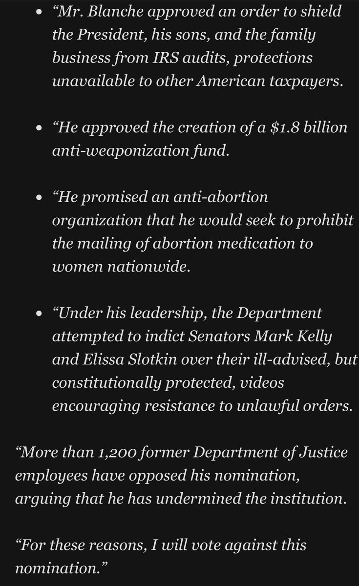 BillMelugin_'s tweet photo. BREAKING: Sen. Susan Collins (R-ME) announces she will oppose Todd Blanche’s nomination for U.S. Attorney General, arguing that DOJ has become “increasingly political” and he has taken actions to “erode DOJ’s independence.” She lists the following examples 👇🏻 

Assuming all Democrats vote no, Republicans can only have one more no vote or Blanche’s nomination will fail.