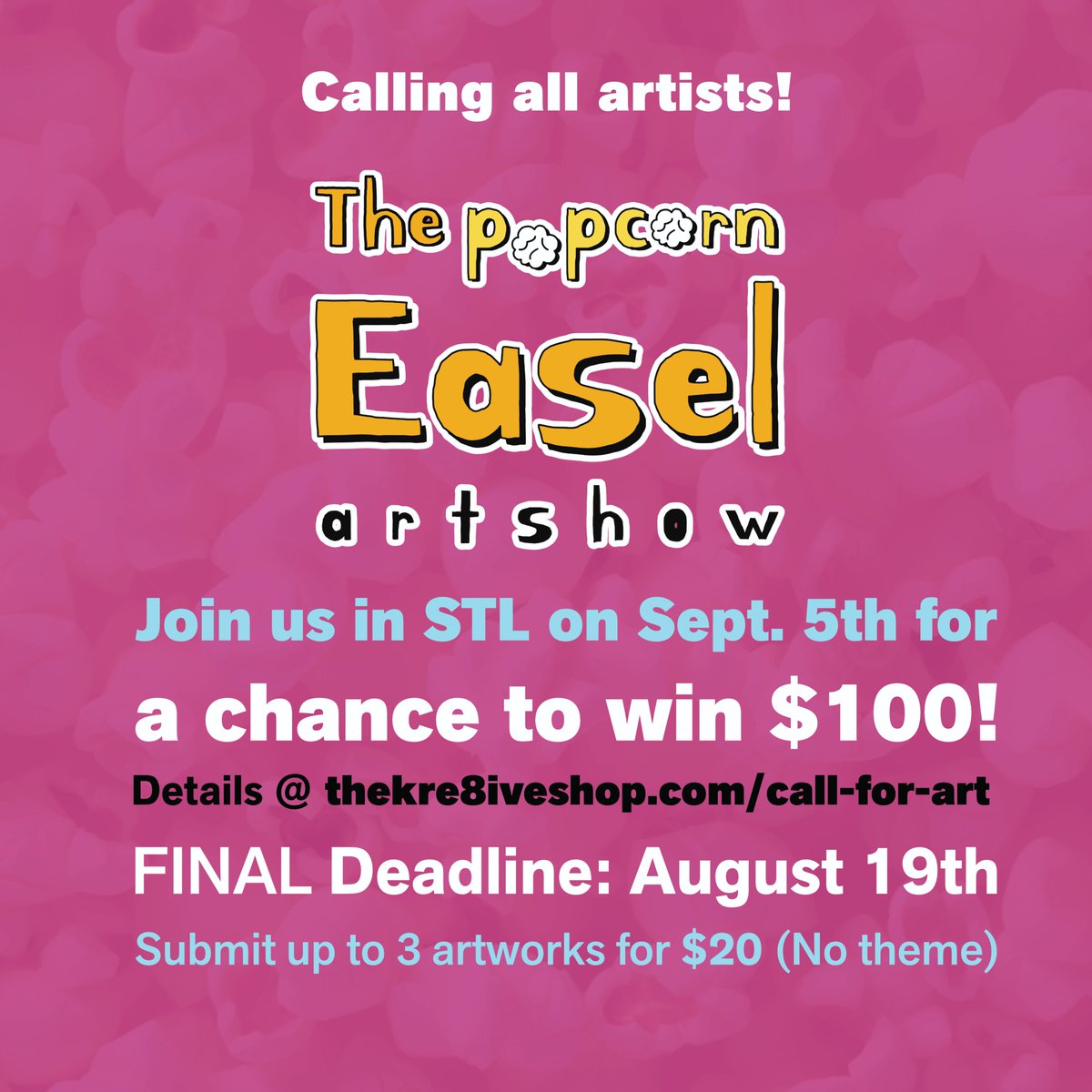 thekre8iveshop's tweet photo. Calling all STL artists (and surrounding area) less than 15 days to go! Submit your work for a chance to win $100! @ https://t.co/msdiRdyHUJ
Deadline: 8/19 | Submit up to 3 artworks for $20 (No theme)
#stlart #stlartist #stlouisart #stlouisartist #stlcallforart https://t.co/XW2vGIcbMA