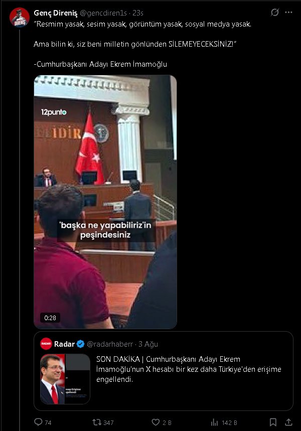 gencd1renis's tweet photo. OPERASYON |

4.kez Genç Direniş erişim engeli ile karşı karşıya.

Susturulmak istenen yalnızca bir birey değil toplumsal muhalefetin ta kendisidir.

2 gün önce açtığım hesabım da erişim engeli yedi.

Ekrem İmamoğlu’nun sesi olduğumuz için sansürle karşı karşıyayız. https://t.co/m6DGDHDIGK