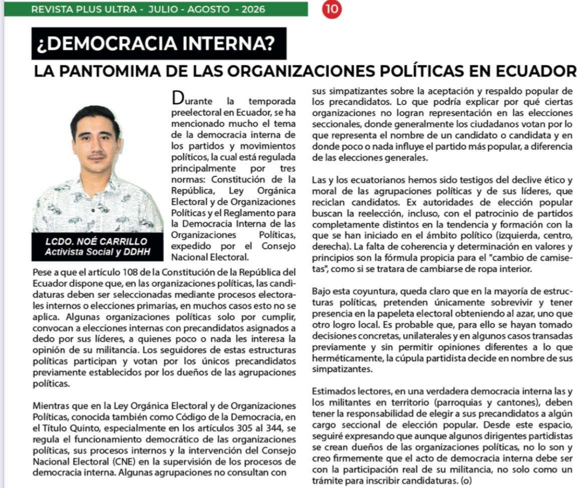 Noe2552's tweet photo. Comparto mi humilde opinión sobre la tan mencionada DEMOCRACIA INTERNA de las organizaciones políticas en Ecuador.

Este artículo se publicó en Revista Plus Ultra, importante medio impreso de comunicación de la región. https://t.co/IsuJvDyryb