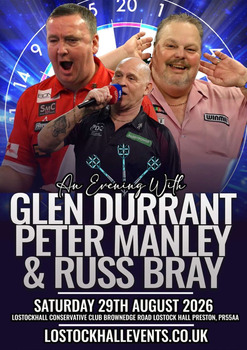 PaulBoothMC's tweet photo. A North West weekend of Darts with @Russ180 @Duzza180 & @onedart180 - Final weekend of August - Details from https://t.co/IZOcDxaEAu #DartsLegends #RussBray #TheVoiceOfDarts #GlenDurrant #Duzza #PeterManley #OneDart #DartsExhibition #180 #PlayTheLegends #MeetTheLegends #Preston https://t.co/hu3f7YevqU