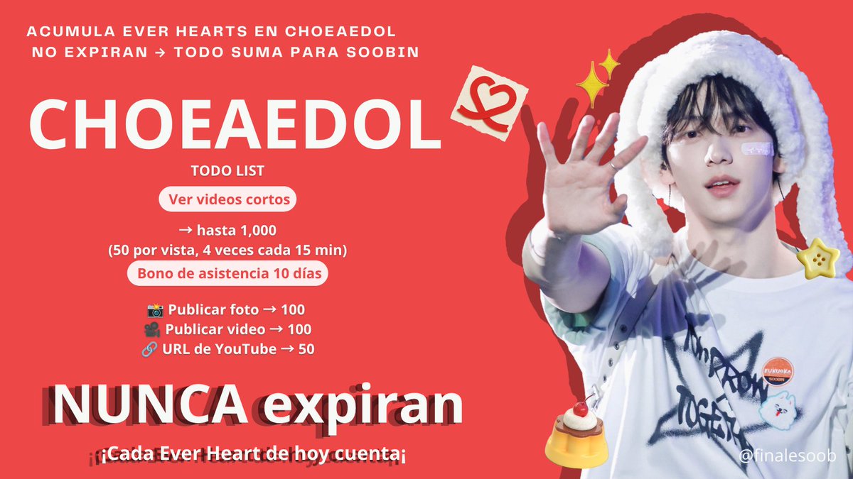 Soobin_latam's tweet photo. 🚨 ⭐INFO VOTACIONES ⭐🚨
¡A acumular en CHOEAEDOL para el cumple de Soobin!
Ever Hearts → NO expiran, guárdalos para el 5 dic 🔒
¡No dejes pasar ni un día sin entrar a la app!
#SOOBIN #SoBeamStream #CHOEAEDOL https://t.co/hyFyWMRSkW