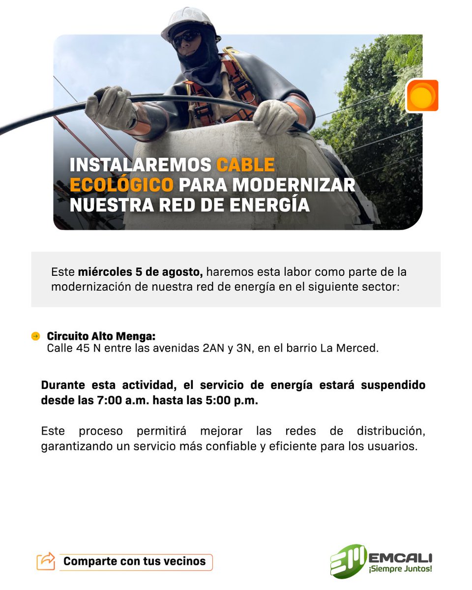 EMCALIoficial's tweet photo. #EMCALIInforma | Mañana, miércoles 5 de agosto de 2026, realizaremos trabajos de mantenimiento a nuestro sistema de acueducto y red de energía, en los siguientes sectores. 👷‍♂️

Por este motivo, será necesario suspender el servicio de manera temporal.

Agradecemos a la comunidad su paciencia y comprensión. 💚