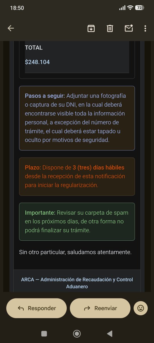 Sheysmin's tweet photo. Che @ARCA_informa se están haciendo pasar por vos y me mandaron este mail, con mí Cuil diciendo que les debo y que les mande esto... Ojo 👀 https://t.co/tl7fFGeI4n