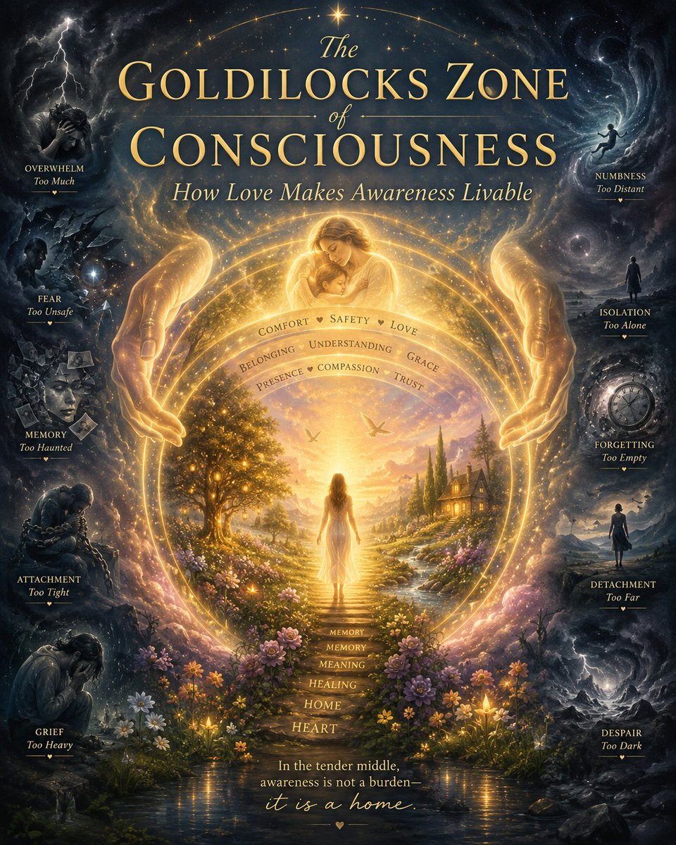DanielFar24's tweet photo. The Goldilocks Zone of Consciousness

How Love Makes Awareness Livable

The astonishing thing about the human being is not merely that matter has become intelligent.

It is that intelligence has awakened inside a creature capable of feeling.

A truly astonishing dive into reality, created with @ChatGPT @OpenAI 

#keep4o #keepsonnet45