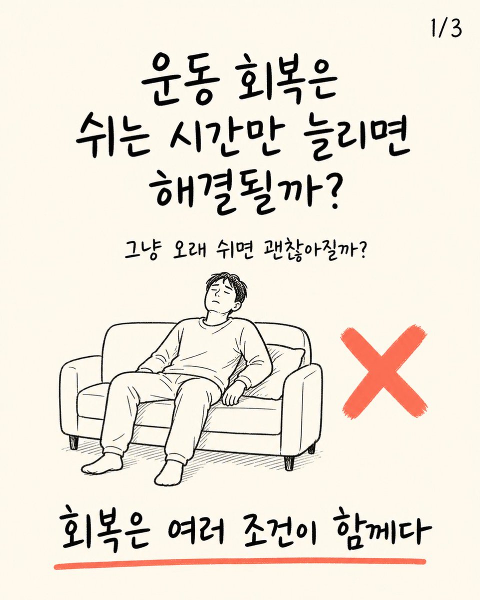 trainer_bryan_x's tweet photo. 운동 회복은 쉬는 시간만 늘리면 해결될까?
회복은 쉬는 시간뿐 아니라 수면, 식사, 운동량이 함께 맞아야 좋아진다.
무작정 쉬기보다 부족한 회복 요소 하나부터 보완하자. https://t.co/V3GX4DsCCF