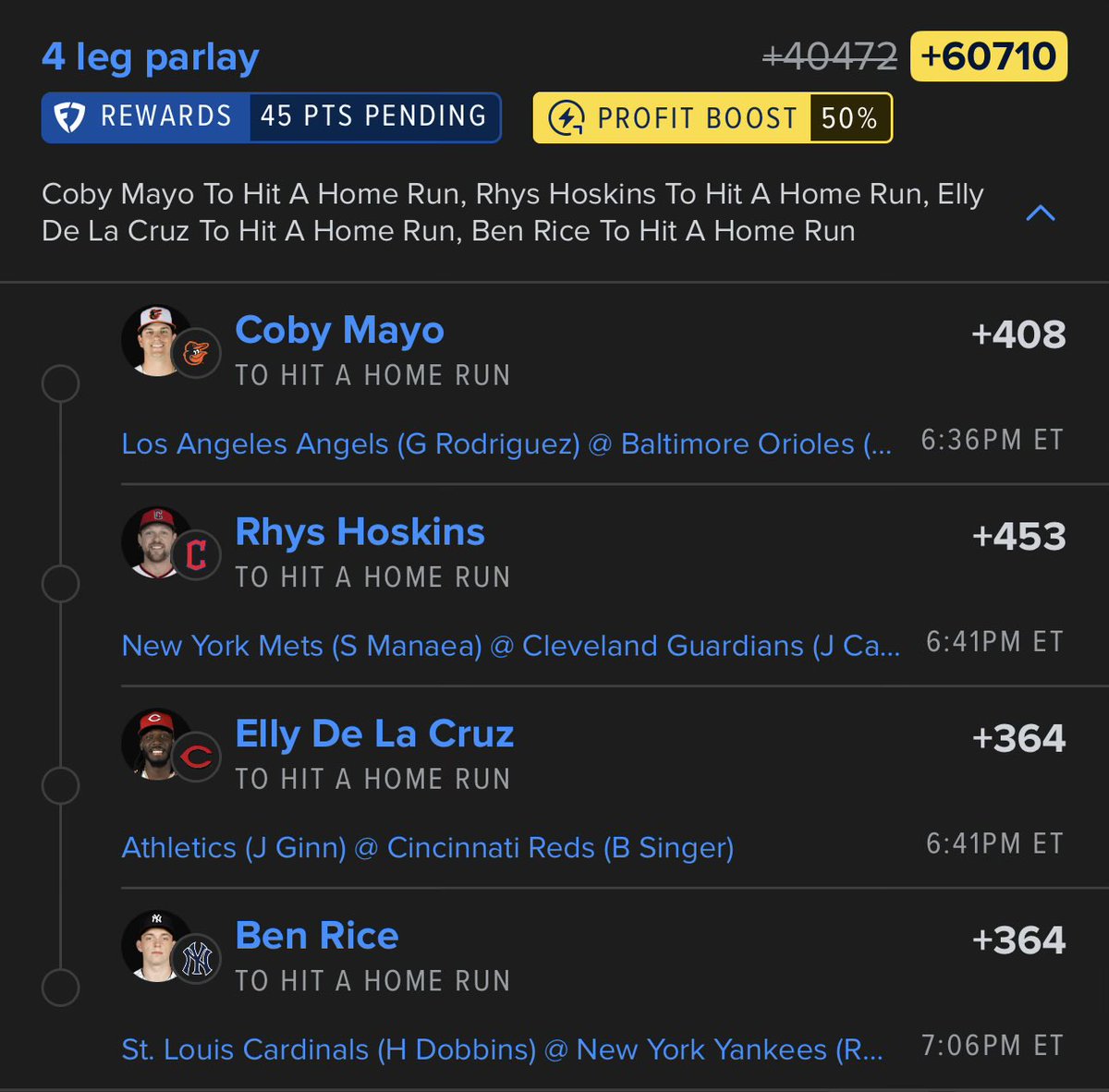 TheAlgoHub's tweet photo. Dinger Tuesday! 

Coby Mayo (BAL) ✅ ZF 0.636
Rhys Hoskins (CLE) ✅ ZF 0.545
Elly De La Cruz (CIN) ✅ ZF 0.636
Ben Rice (NYY) ✅ ZF 0.714

+60,710 🔒 | 50% Boost Applied

Powered by @TheAlgoHub website!

#MLB #HomeRun #AlgoHub https://t.co/QlcOKv6u22