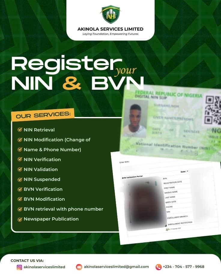 akinolaservices's tweet photo. Hello everyone!

I help individuals, startups, and established businesses with seamless CAC business registration and compliance services.

I also provide reliable NIN services, including:
• NIN Retrieval
• NIN Validation
• NIN Modifications/Corrections

Kindly take a moment to go through my flyer. Your patronage, referrals, and recommendations will be greatly appreciated.

I’m just a DM away and ready to assist you. Thank you!