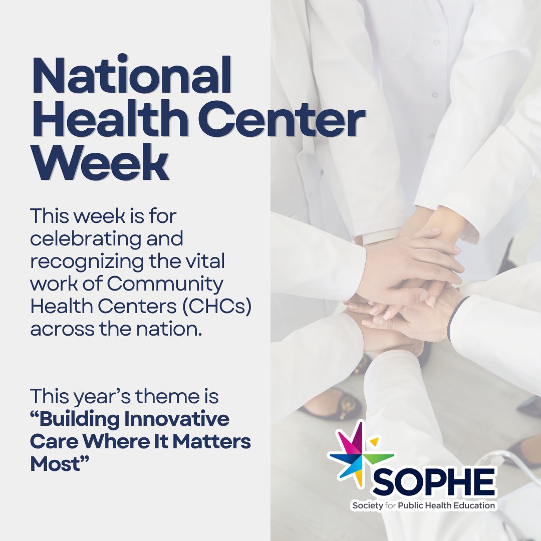 SOPHEtweets's tweet photo. This week from August 2nd – August 8th is National Health Center Week. It is a time to recognize the important work that CHCs provide in public health.

💬 How can National Health Center Week impact your field of work?

#NationalHealthCenterWeek  #PublicHealth #SOPHE https://t.co/5r0vdO8FE5