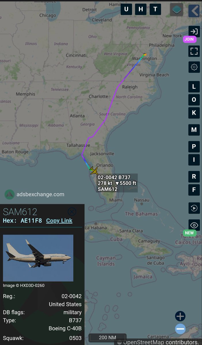 Borrowed7Time's tweet photo. USAF C-40 Clipper 02-0042 #AE11F8 as SAM612 en route from JB Andrews to MacDill AFB FL. 
@sipjack1776 @LadyAstroJet https://t.co/jAyrtnUEOD