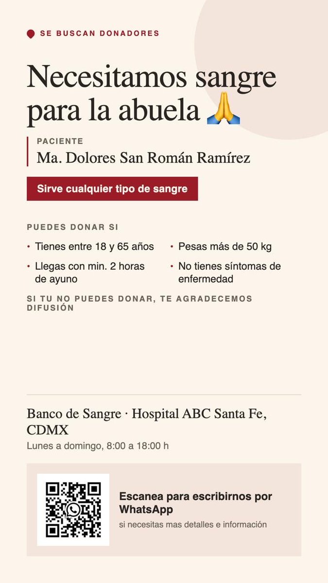 donaenvida's tweet photo. #URGENTE #CDMX #Sangre de cualquier tipo para Ma. Dolores San Román Ramírez, en el Banco de Sangre Hospital ABC Santa Fe.

#DonaEnVida https://t.co/UE0NWF3rVj