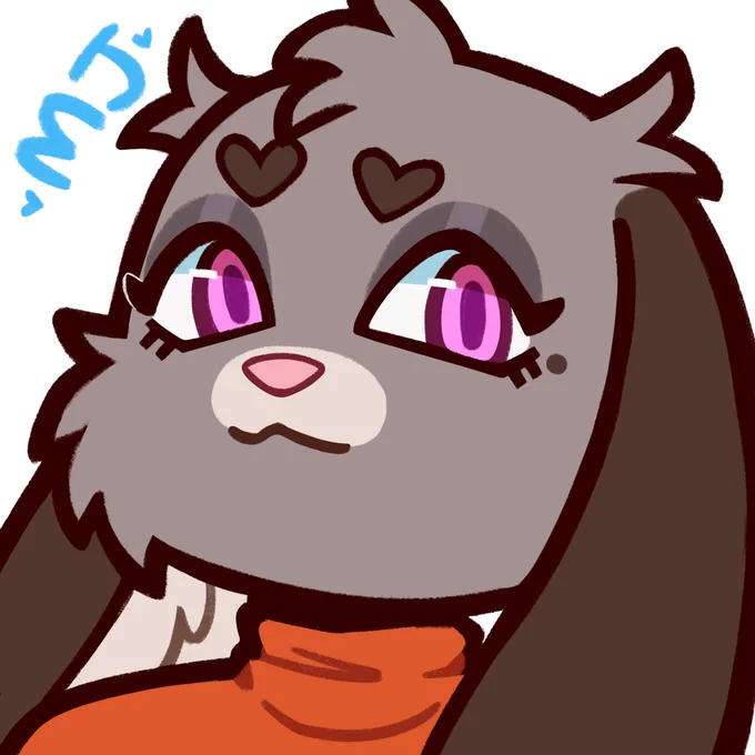 Cartoon close-up portrait of MJ, a grey rabbit-like character with long floppy brown ears, magenta eyes, small dark hearts on her forehead and an orange turtleneck, with "MJ" handwritten in blue in the corner.