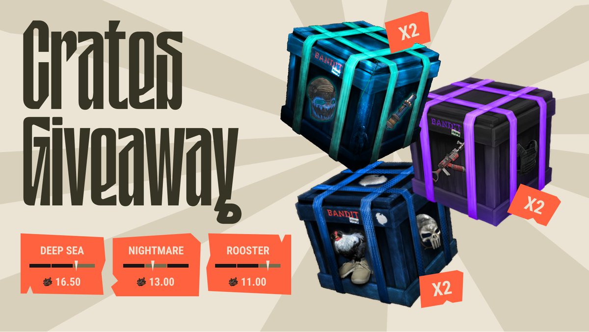 bandit's tweet photo. Ready to take these crates to battle? Deep Sea, Nightmare or Rooster are all up for grabs!

🔸 Like &amp; Repost
🔸 Follow us @bandit
🔸 Reply with your Steam 64ID

The winners will be picked on Thursday! https://t.co/MANKKq09Mg