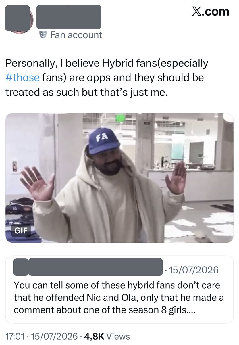 TinyWordsHarm's tweet photo. “Hybrid” supporters can participate in this too. 
Some constantly monitor Olandria’s fanbase, searching for negative posts to amplify and use as justification for a bias they already hold. https://t.co/eUgIbLtnzi