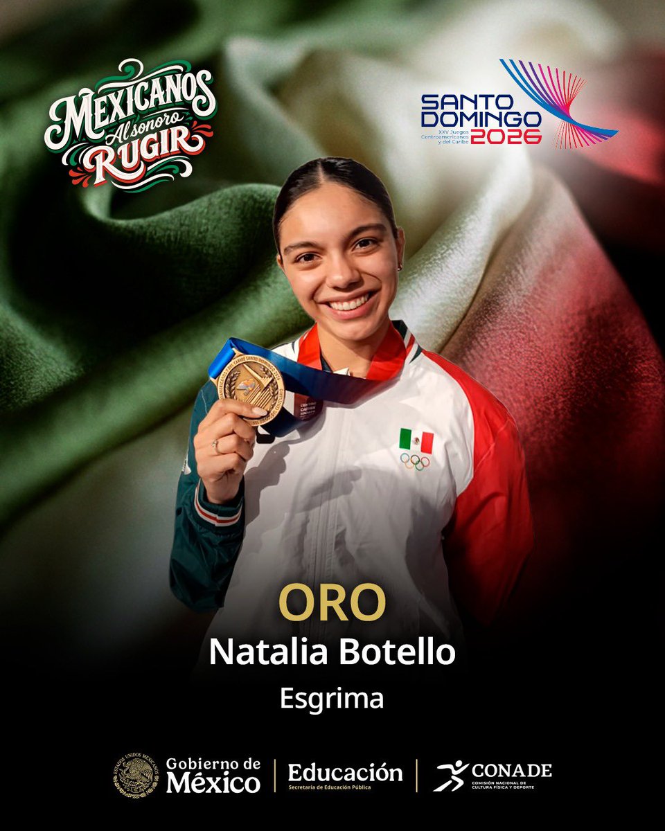 conadeoficial's tweet photo. ¡Natalia Botello conquista el oro para México! 🇲🇽🥇🤺

La campeona panamericana se coronó en la prueba de sable femenil de #SantoDomingo2026, al imponerse 15-14 a Gabriela Hwang de Puerto Rico, en una emocionante final.

#MexicanosAlSonoroRugir https://t.co/7Ulj2HIGYK