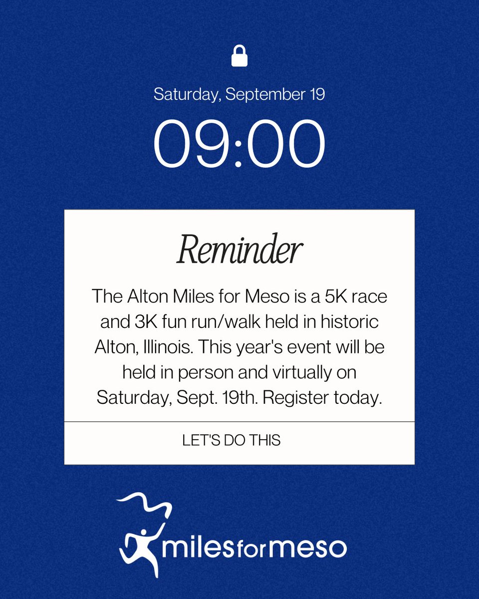 milesformeso's tweet photo. Early bird pricing ends August 23rd! Sign up today for the 18th Annual Miles for Meso 5K/3K on Sept. 19th in Alton, IL (or join virtually).

Register now: https://t.co/BVrWLCQXMb

#MilesForMeso https://t.co/kGqTRF06z2