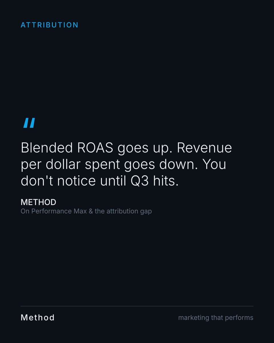 AliveMethod's tweet photo. Your Performance Max dashboard is probably lying to you. Not on purpose. Google's system just measures attribution differently than the channels it's replacing.

#performancemax #dtcmarketing https://t.co/kWD1Jb5SWh