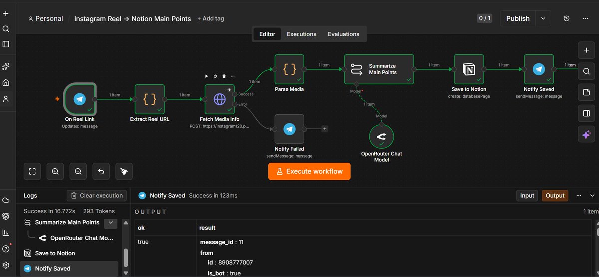 ws7__'s tweet photo. سويت workflow اجرب فيه n8n بحيث ارسل رابط ريلز انستغرام للبوت و يحوله لنوتس و يحفظها في نوشين، النتيجة جيدة ومفيدة الصدق🦉🔥

افكر استغله في الهوكي 👀 https://t.co/Fs8UmmlMSP