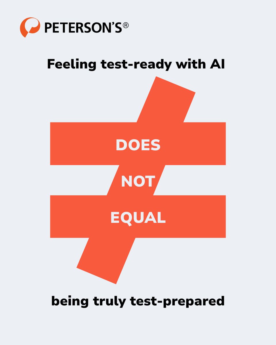 Petersons's tweet photo. Feeling ready with AI as a study buddy ≠ being ready on test day. A chatbot doesn't sit in the exam to help you recall how to solve a question. Get an honest read on how much you know for test day: https://t.co/jhKa9r4cJG. https://t.co/3cXChVTJ3d