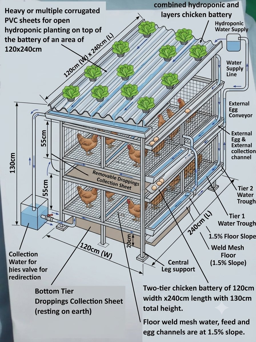 AnterTarig's tweet photo. This isometric diagram shows a combined hydroponic and layers chicken battery unit
A. Two-tier chicken battery of 120cm width x240cm length with 130cm total height.
Hydroponic roof has 2.5% slope, floor weld mesh feed, water and egg channels are at 1.5% slope.
The top tier has a removable droppings collection sheet, and the bottom tier its droppings collection sheet rests on earth
B. A heavy or multiple sheets of corrugates PVC for open hydroponic planting on top of the battery of an area of 120x240cm