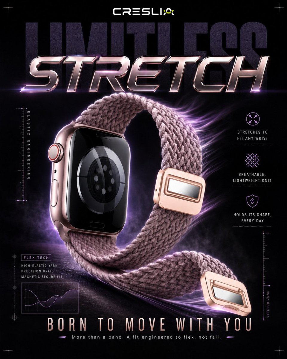 creslia_offi's tweet photo. 💜 Stretches to fit any wrist. Holds its shape every day. Meet the Creslia Limitless Stretch Band. ⌚
Shop Now - https://t.co/rP2CCECjLv
#Creslia #LimitlessStretch #SmartwatchBand #FlexTech https://t.co/d5pgbSAFMW